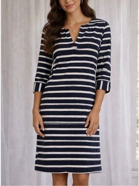 Hatley Navy & White Striped Midi Dress with V-Notch